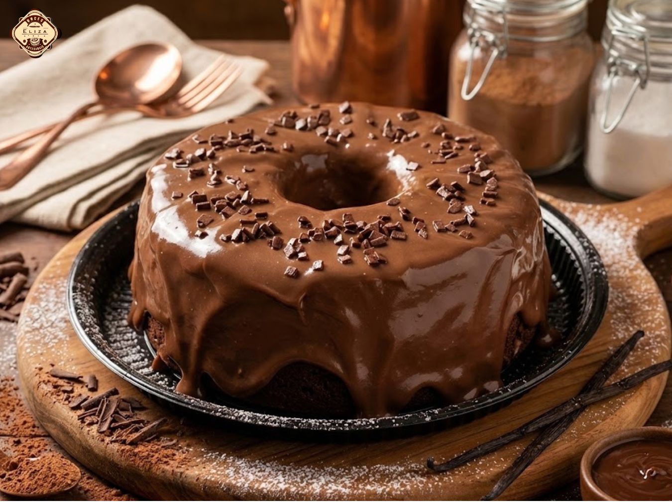 Bolo artesanal com calda de chocolate